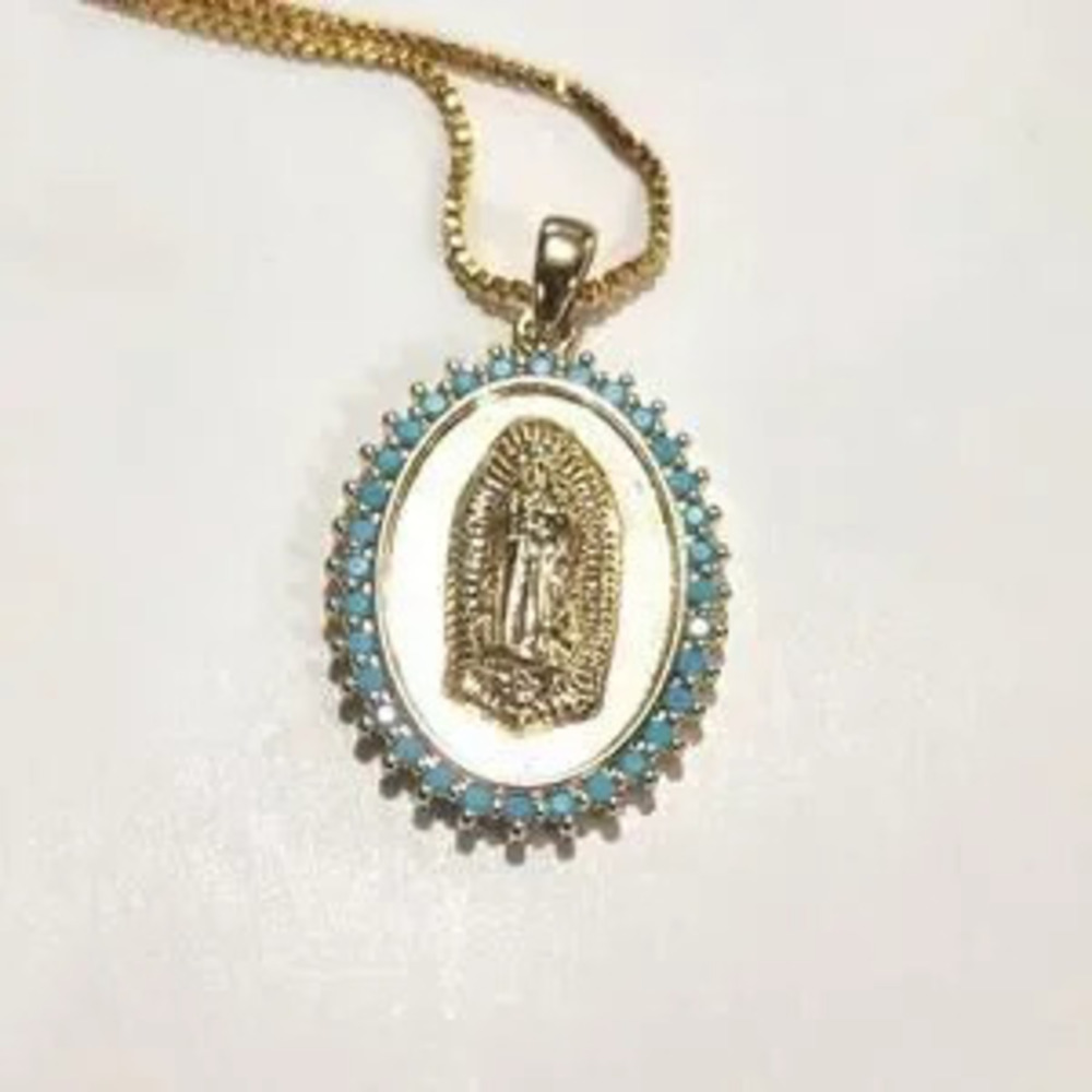 18k Gold Plated Necklace Virgin Mother Mary Cross turquoise Christian Gift NEW